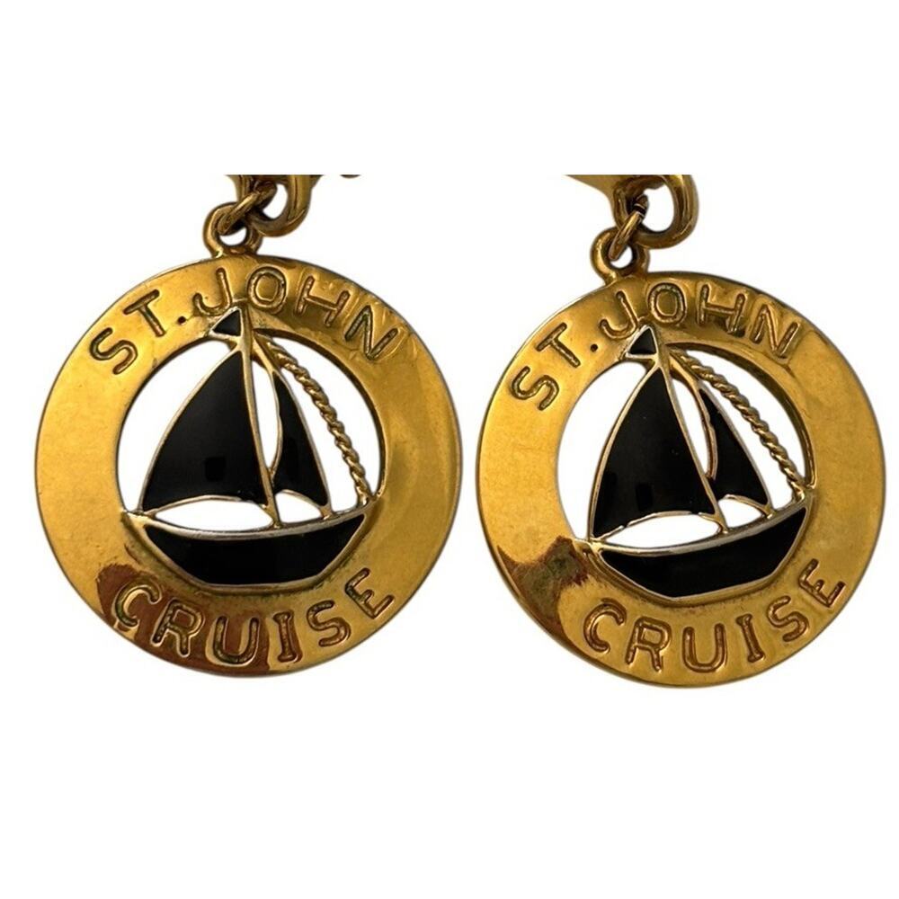 St John Earrings Cruise Nautical Spell Out Clip On Black Enamel Gold Vintage - Picture 6 of 7